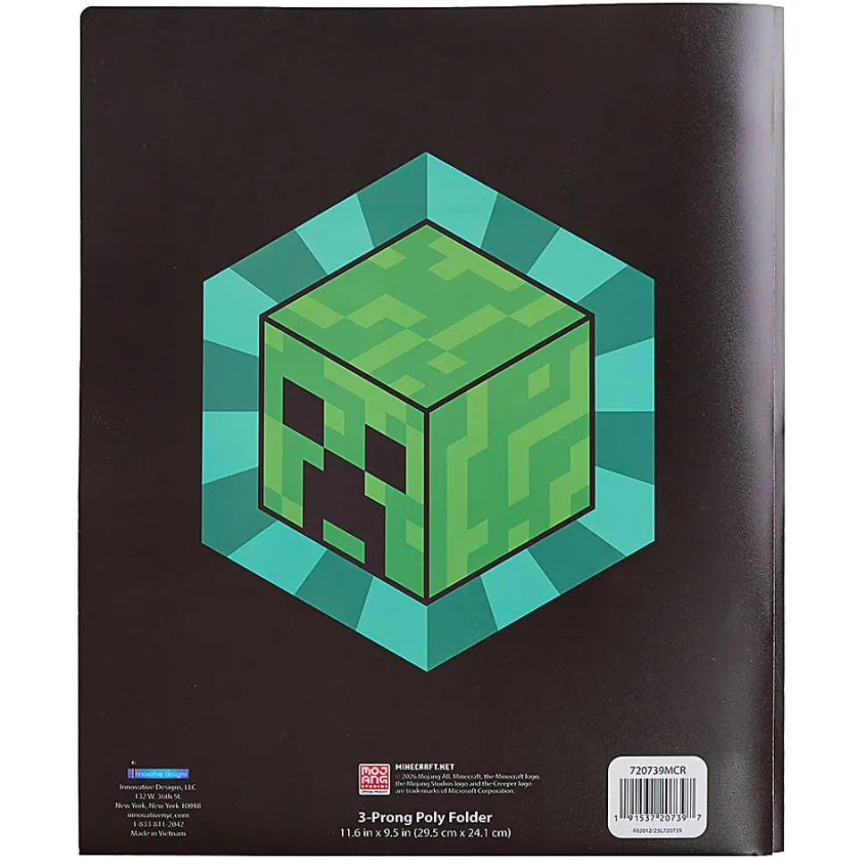 Innovative Designs Licensed Poly Folder, 3 Prongs, 2-Pockets, 11.62" x 9.5", Minecraft, Quantity 1