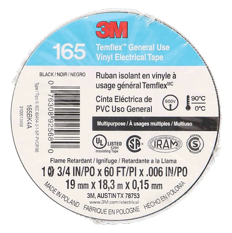 Install Bay® 3M™ Temflex™ 3/4" Economy Vinyl Electrical Tape, Removable, 60’, Black, Pack Of 10 Rolls