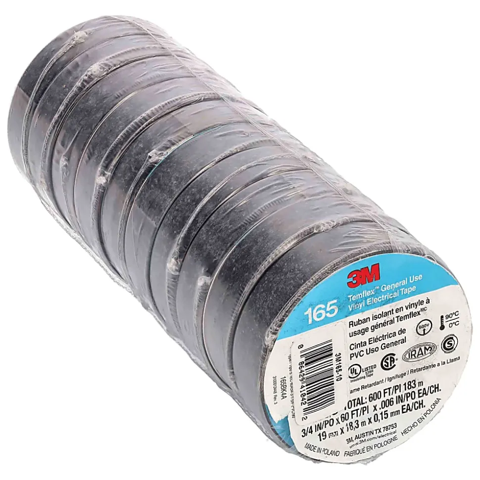 Install Bay® 3M™ Temflex™ 3/4" Economy Vinyl Electrical Tape, Removable, 60’, Black, Pack Of 10 Rolls