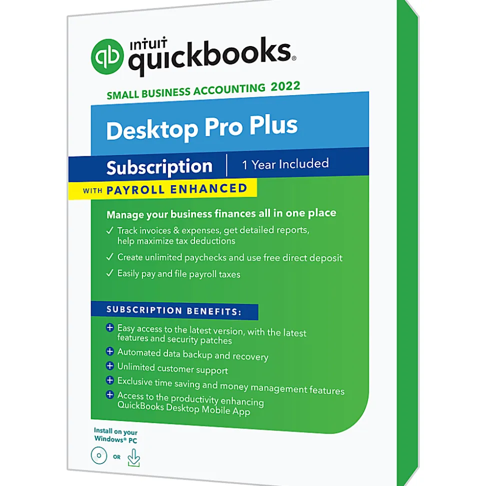Intuit® QuickBooks® Desktop Pro Plus With Enhanced Payroll, 2022, For Windows®, Disc/Download