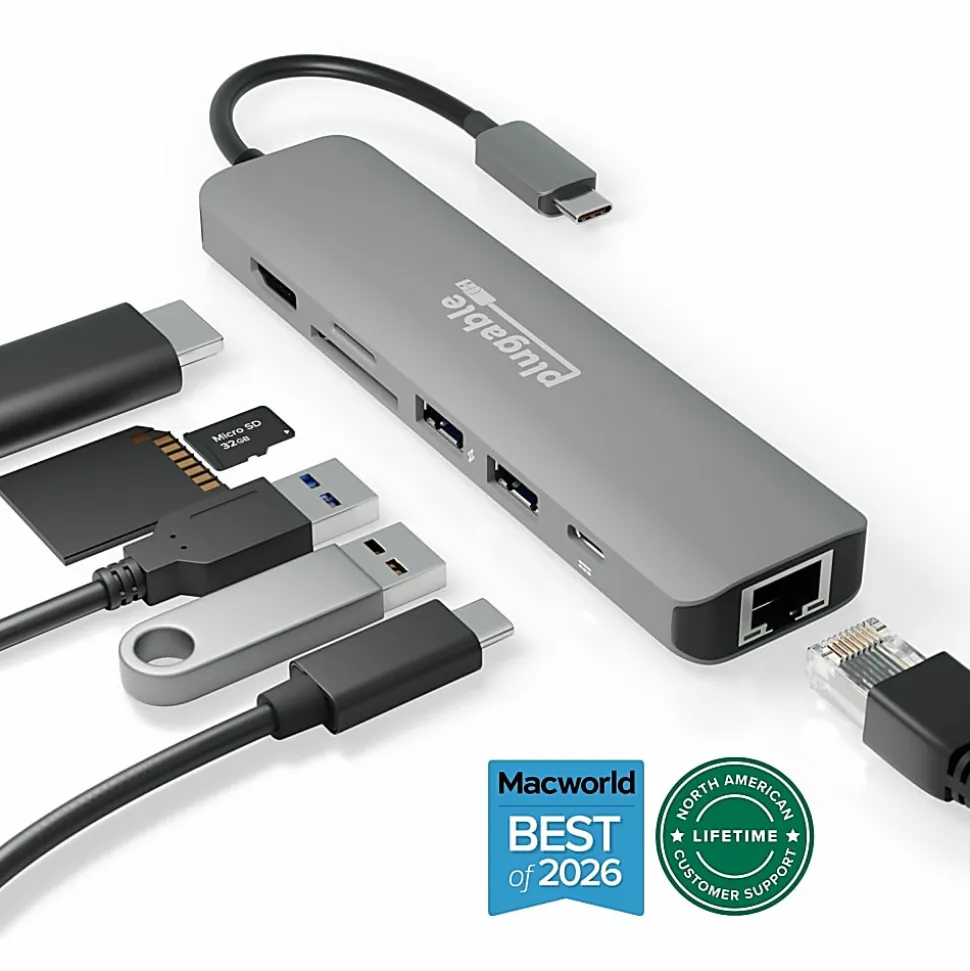 7 in 1 USB C Hub Multiport Adapter with Ethernet (92W Charging, Gigabit Ethernet, 4K HDMI, 2x USB, SD/microSD)