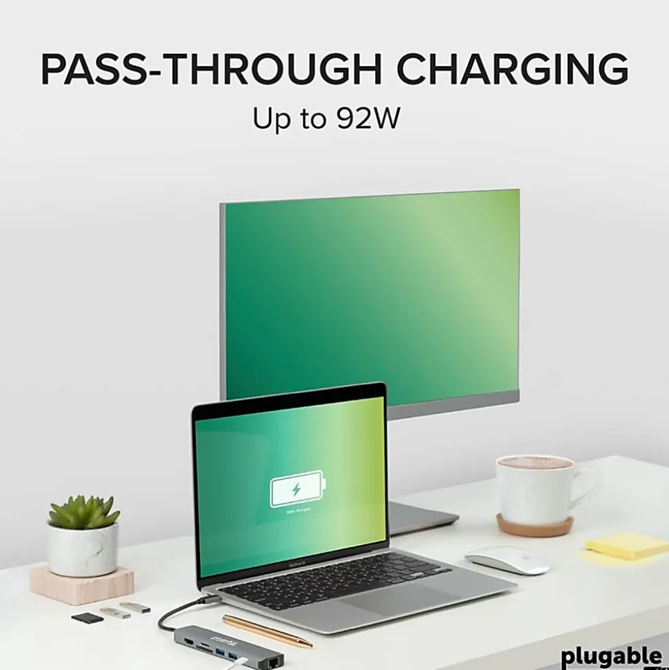 7 in 1 USB C Hub Multiport Adapter with Ethernet (92W Charging, Gigabit Ethernet, 4K HDMI, 2x USB, SD/microSD)
