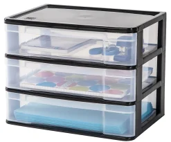 Iris Advantus Plastic 3 Drawer Storage Case, 10 3/8" x 13 7/16" x 9 11/16", Clear/Black