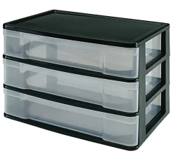 Iris Advantus Plastic 3 Drawer Storage Case, 10 3/8" x 13 7/16" x 9 11/16", Clear/Black