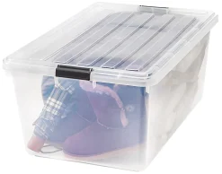 IRIS® Buckle Down Plastic Storage Container With Built-In Handles And Snap Lid, 68 Quarts, 11 3/4" x 17 1/4" x 26 1/8", Clear