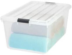 IRIS® Buckle Down Plastic Storage Container With Built-In Handles And Snap Lid, 68 Quarts, 11 3/4" x 17 1/4" x 26 1/8", Clear