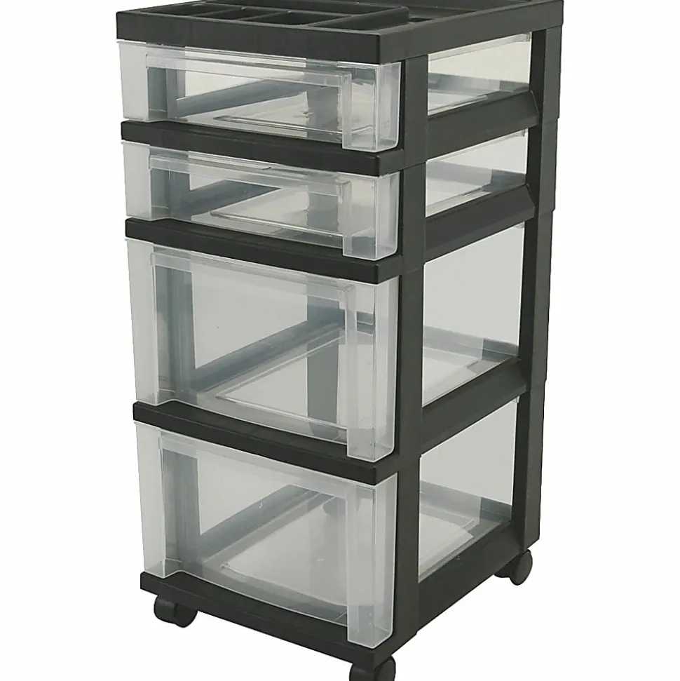 Iris® Plastic 4-Drawer Rolling Storage Cart, 26 7/16"H x 12 1/8"W x 14 15/16"D, Clear/Black