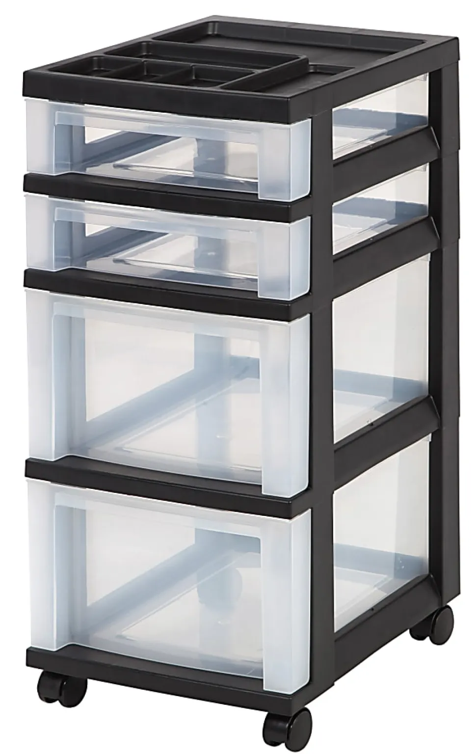 Iris® Plastic 4-Drawer Rolling Storage Cart, 26 7/16"H x 12 1/8"W x 14 15/16"D, Clear/Black
