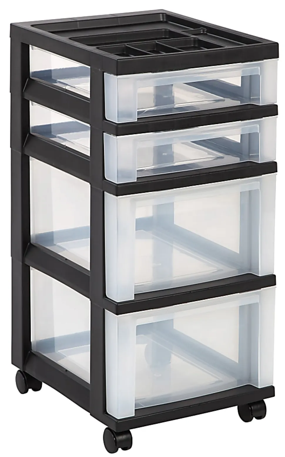 Iris® Plastic 4-Drawer Rolling Storage Cart, 26 7/16"H x 12 1/8"W x 14 15/16"D, Clear/Black
