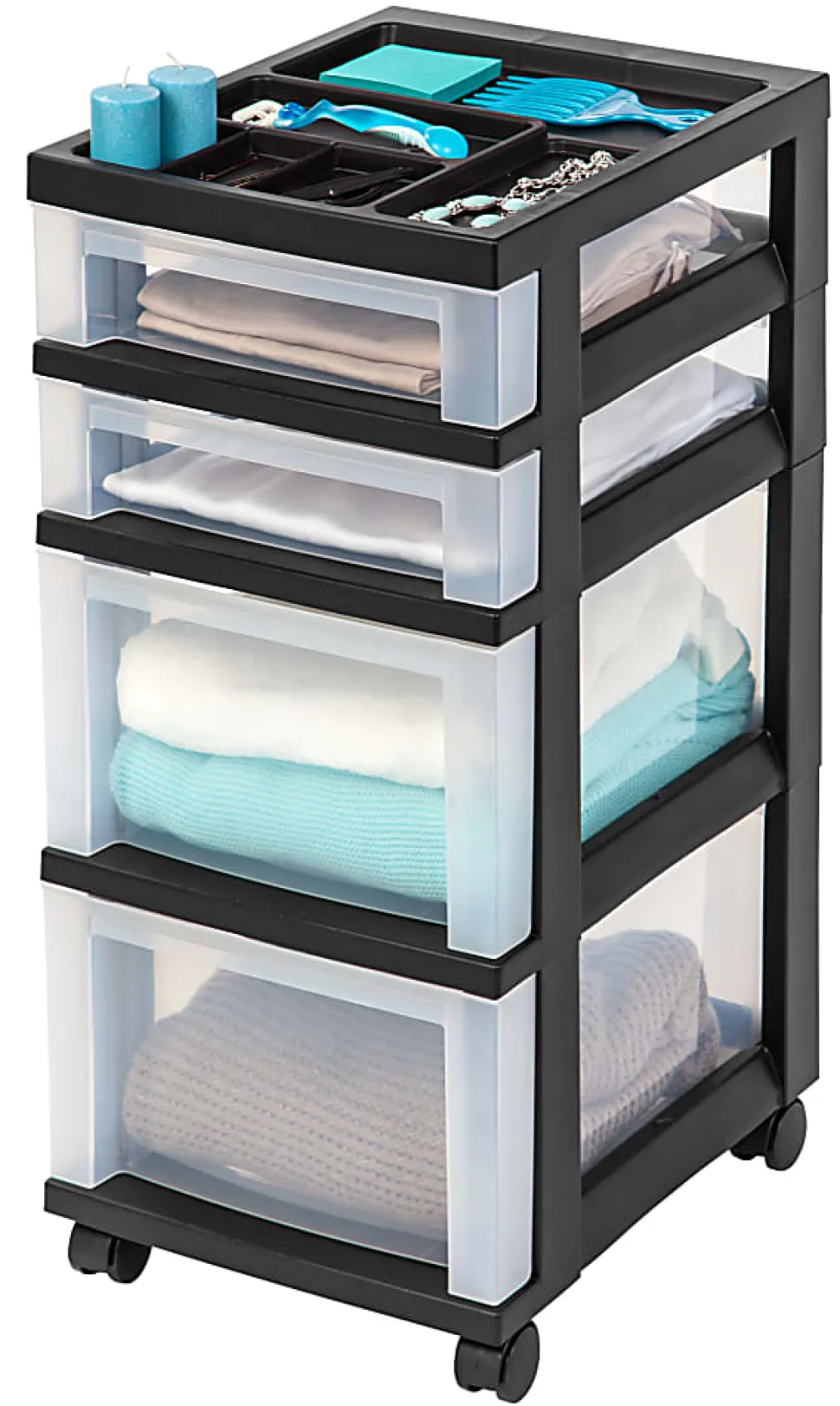Iris® Plastic 4-Drawer Rolling Storage Cart, 26 7/16"H x 12 1/8"W x 14 15/16"D, Clear/Black