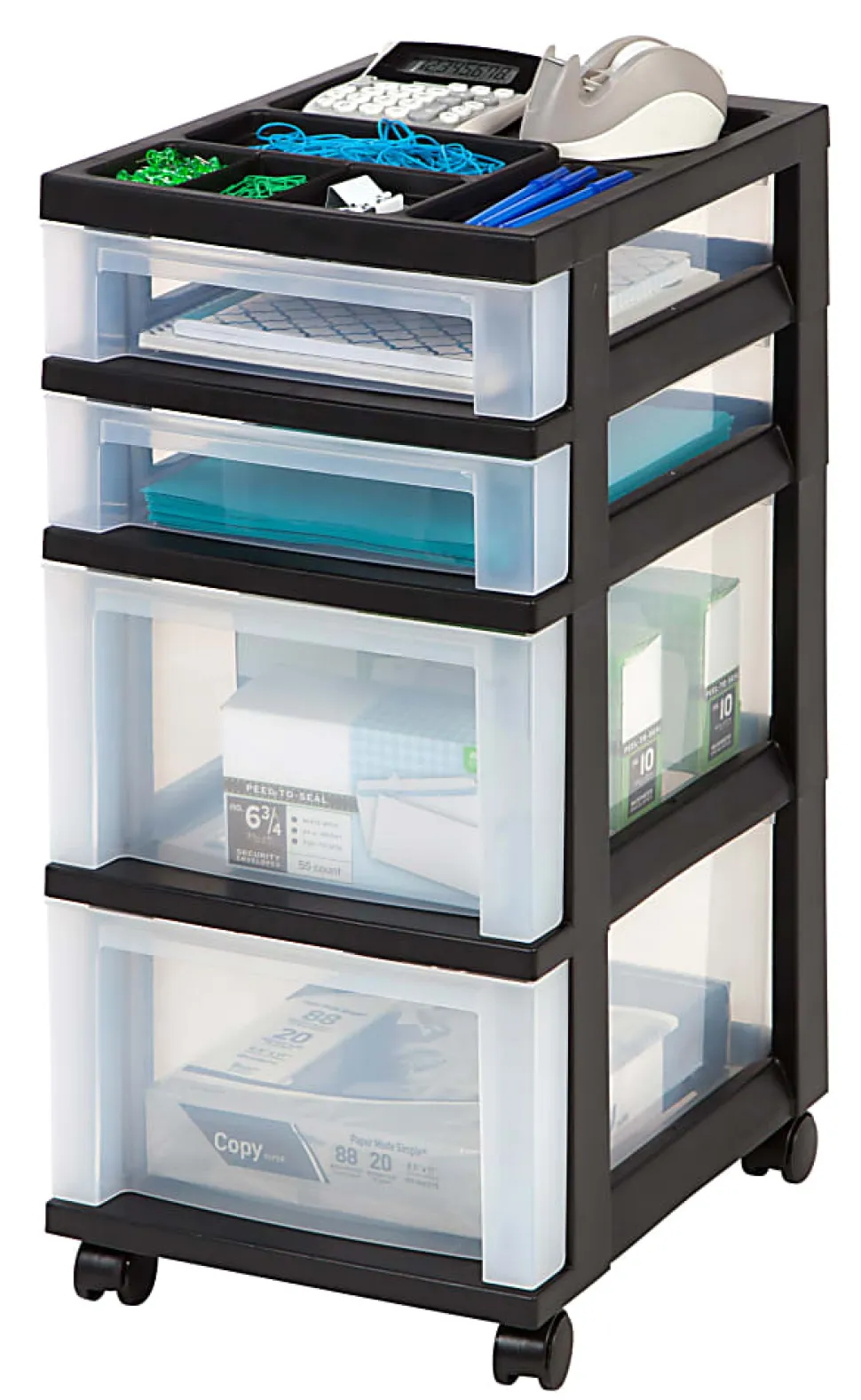 Iris® Plastic 4-Drawer Rolling Storage Cart, 26 7/16"H x 12 1/8"W x 14 15/16"D, Clear/Black
