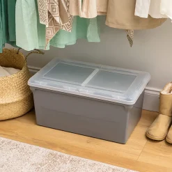 Iris® Plastic Letter-Sized Split Lid File Box, 44 Quart, 24”L x 20-1/16”W x 16-3/16”H, Gray