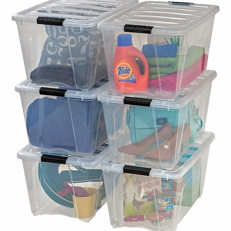 Iris® Stackable Clear Storage Boxes, 22" x 16 1/2" x 13", Clear, Black, Case Of 6
