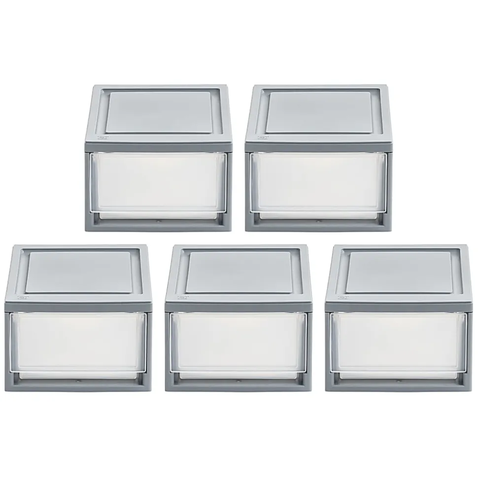 Iris® Stackable Storage Bins With Drawers, 5-7/16"H x 8-1/2"W x 13-1/8", Gray, Set Of 5 Bins