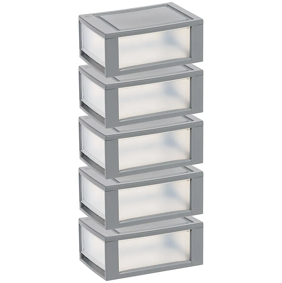 Iris® Stackable Storage Bins With Drawers, 5-7/16"H x 8-1/2"W x 13-1/8", Gray, Set Of 5 Bins