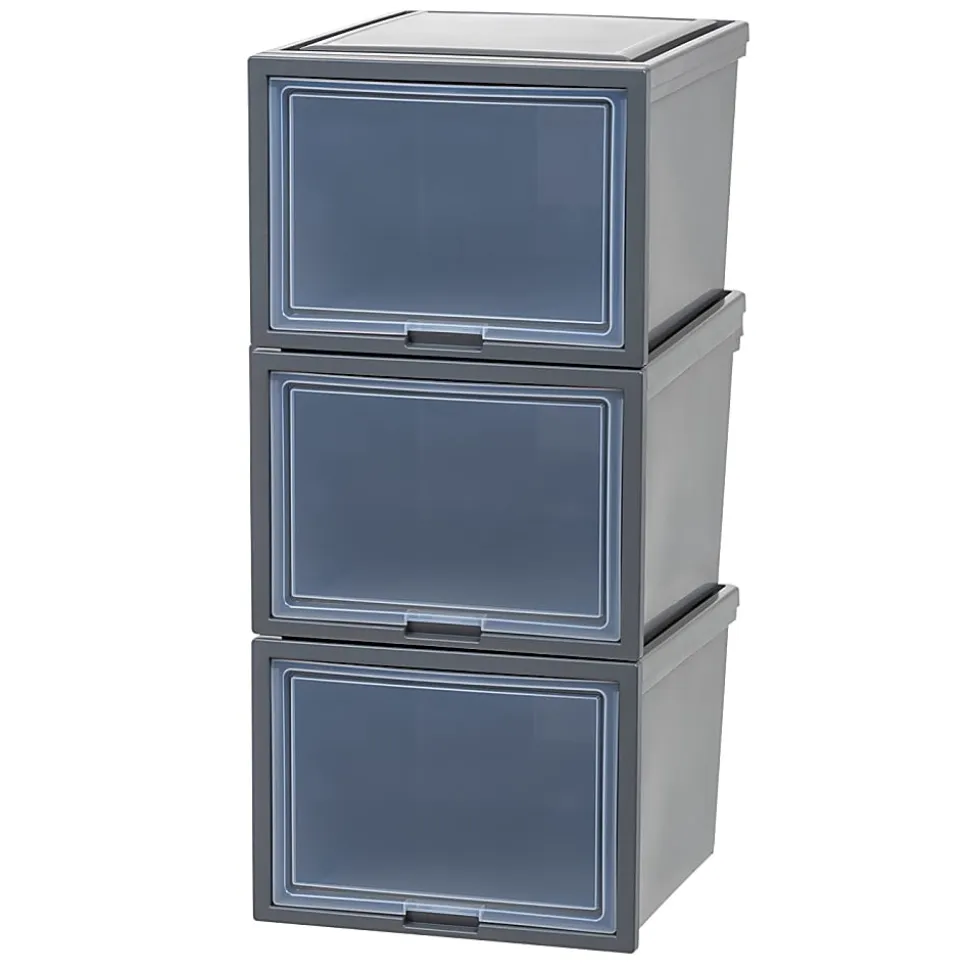 Iris® Storage Bins With Sliding Doors, 14-1/4" x 16-1/8", Gray, Set Of 3 Bins