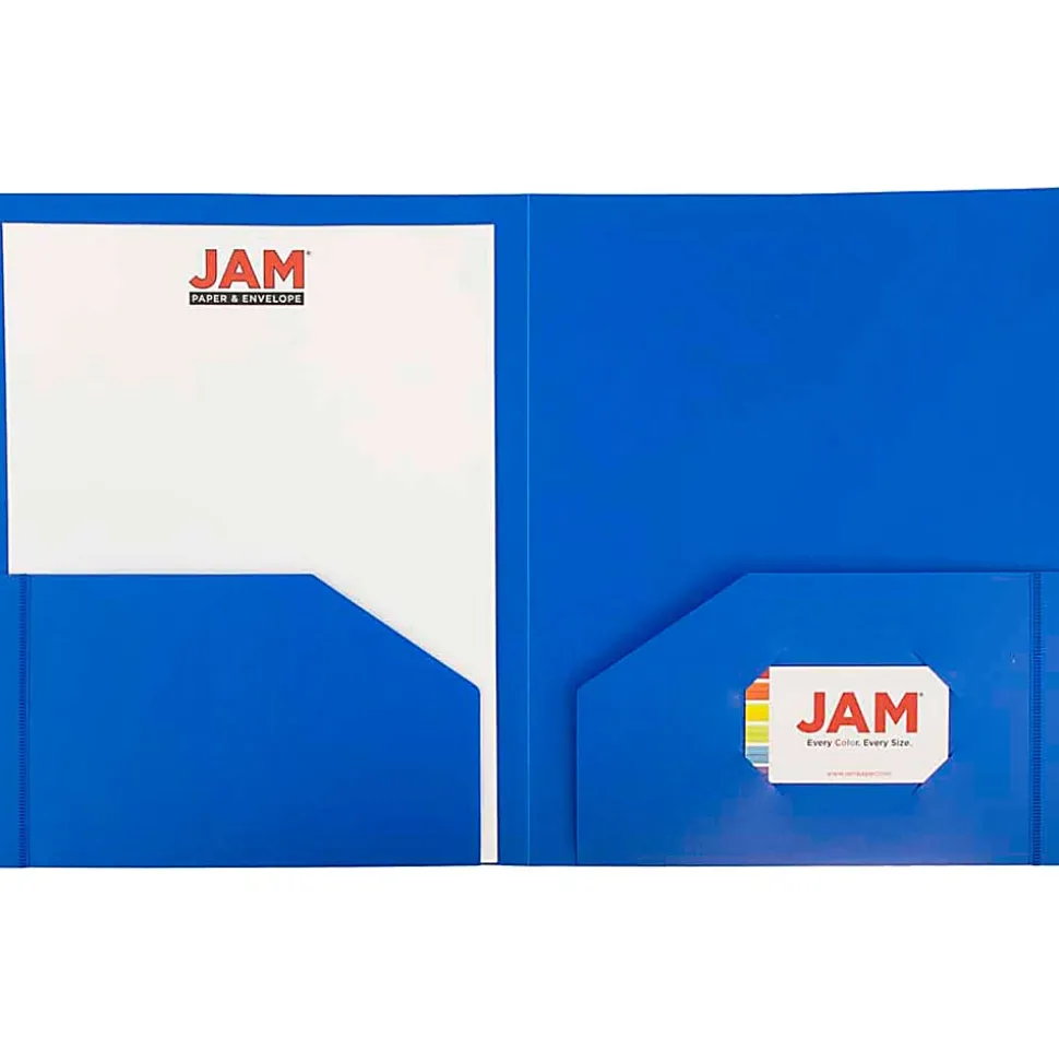JAM Paper® Heavy-Duty 2-Pocket Plastic Presentation Folders, 9" x 12", Blue, Pack Of 6