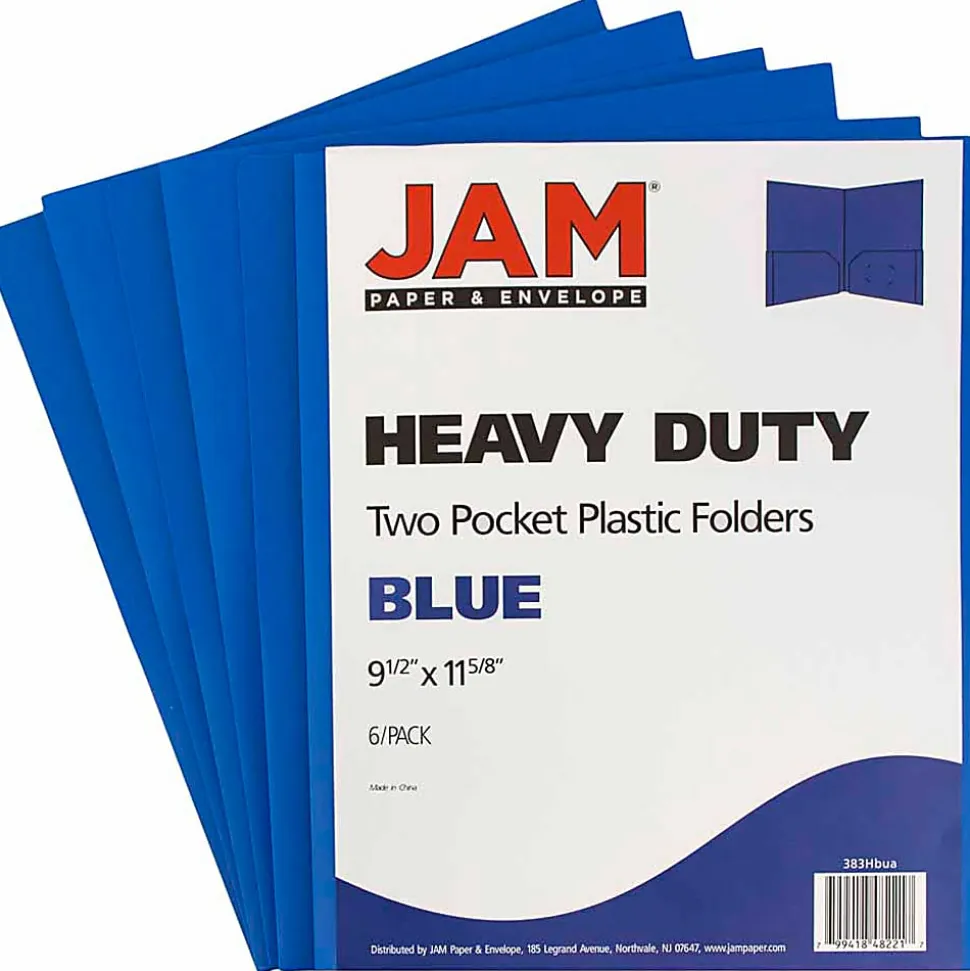 JAM Paper® Heavy-Duty 2-Pocket Plastic Presentation Folders, 9" x 12", Blue, Pack Of 6