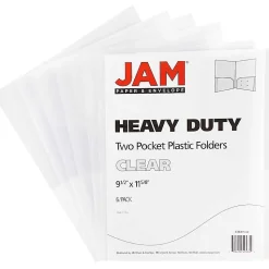 JAM Paper® Heavy-Duty 2-Pocket Plastic Presentation Folders, 9" x 12", Clear, Pack Of 6