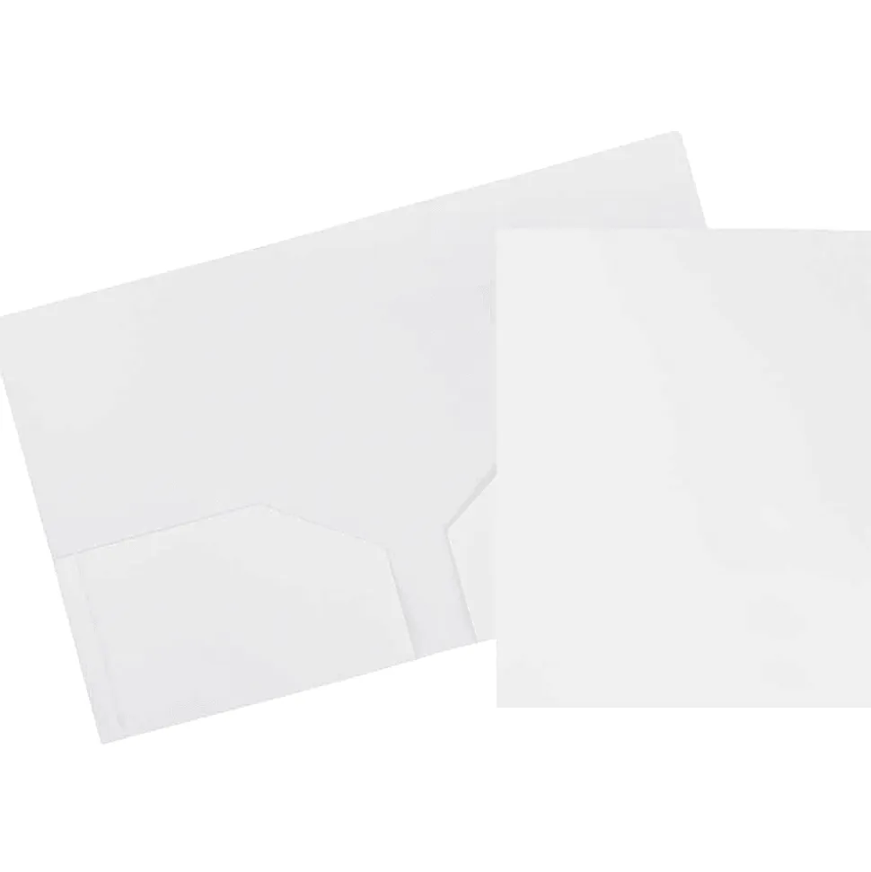 JAM Paper® Heavy-Duty 2-Pocket Plastic Presentation Folders, 9" x 12", White, Pack Of 6