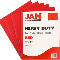 JAM Paper® Heavy-Duty 2-Pocket Plastic Presentation Folders, 9" x 12", Red, Pack Of 6
