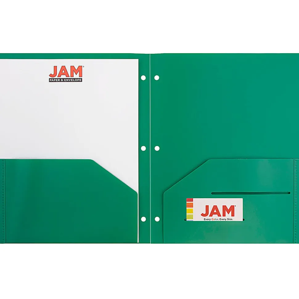 JAM Paper® 3-Hole-Punched 2-Pocket Plastic Presentation Folders, 9" x 12", Green, Pack Of 6