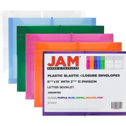 JAM Paper® Letter Booklet Plastic Envelopes, 9-3/4" x 13", Elastic Closure, Assorted Colors, Pack Of 6 Envelopes