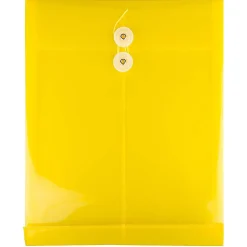 JAM Paper® Open-End Plastic Envelopes, Letter-Size, 9 3/4" x 11 3/4", Button & String Closure, Yellow, Pack Of 12