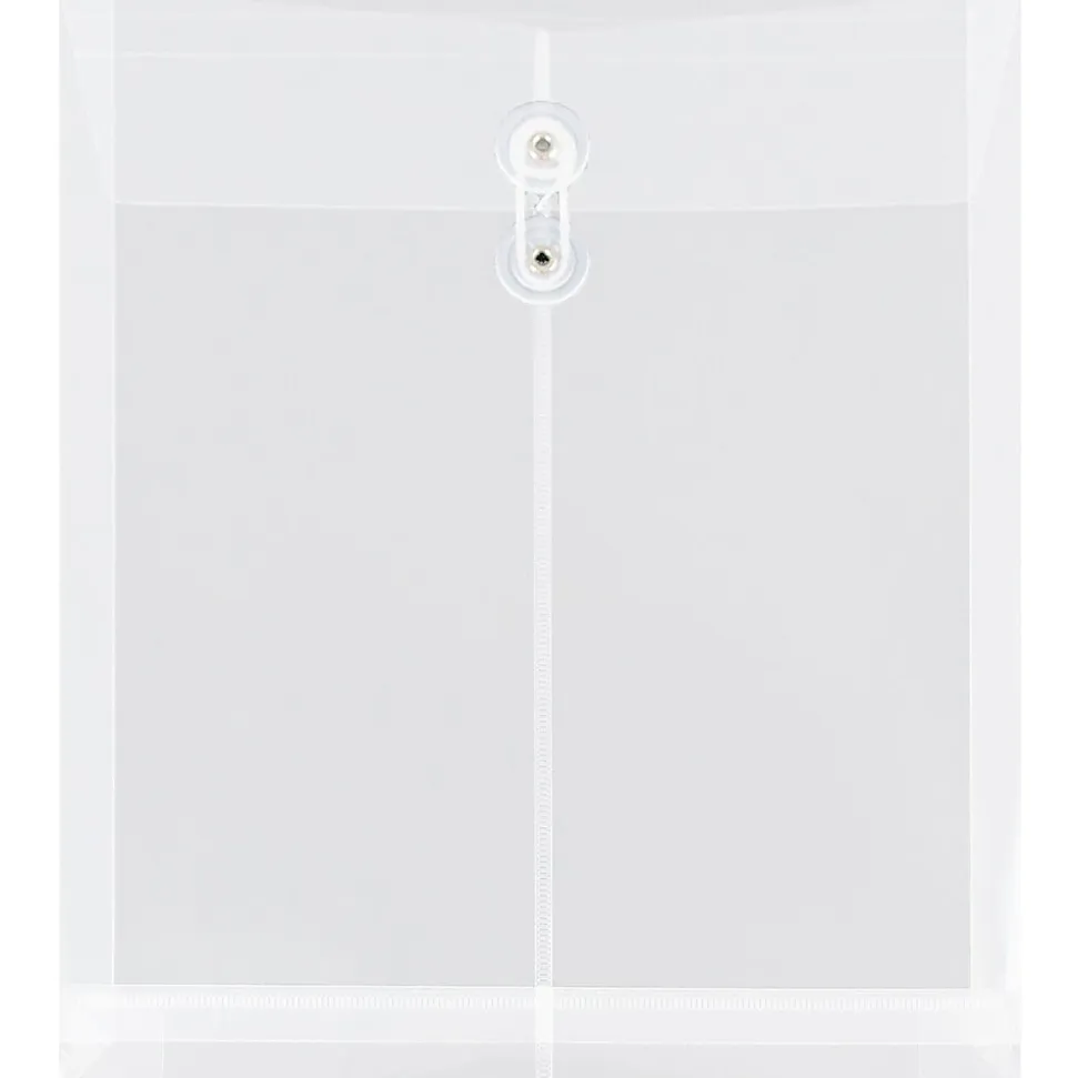 JAM Paper® Open-End Plastic Envelopes, Letter-Size, 9 3/4" x 11 3/4", Button & String Closure, Clear, Pack Of 12