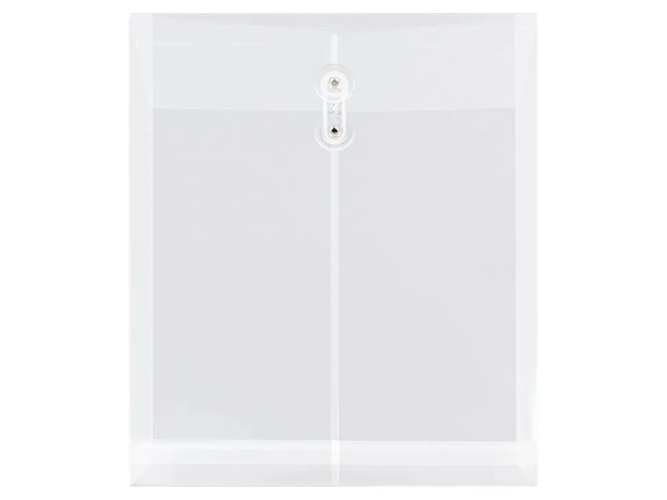 JAM Paper® Open-End Plastic Envelopes, Letter-Size, 9 3/4" x 11 3/4", Button & String Closure, Clear, Pack Of 12
