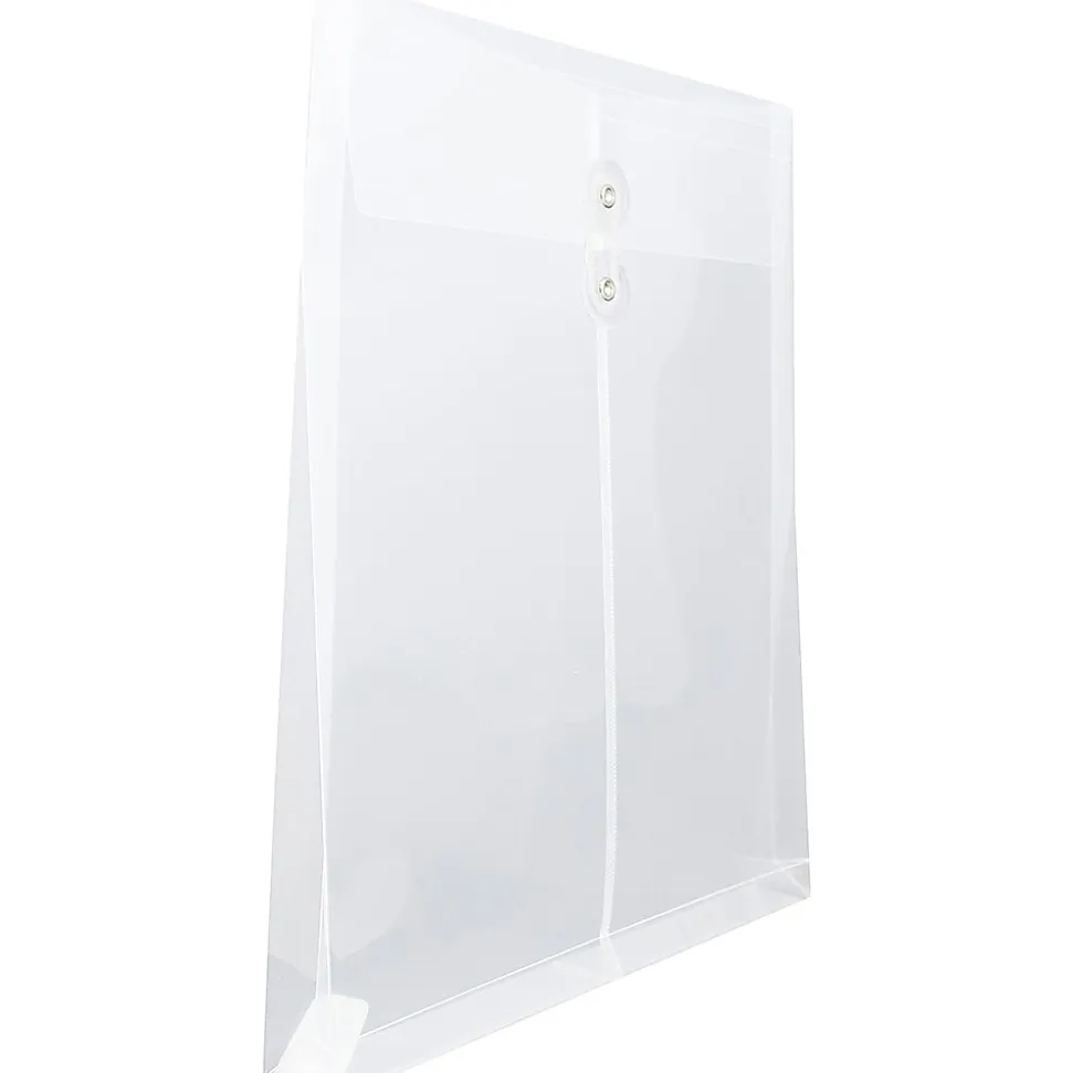 JAM Paper® Open-End Plastic Envelopes, Letter-Size, 9 3/4" x 11 3/4", Button & String Closure, Clear, Pack Of 12