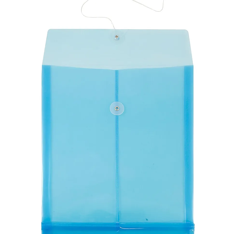 JAM Paper® Open-End Plastic Envelopes, Letter-Size, 9 3/4" x 11 3/4", Button & String Closure, Blue, Pack Of 12