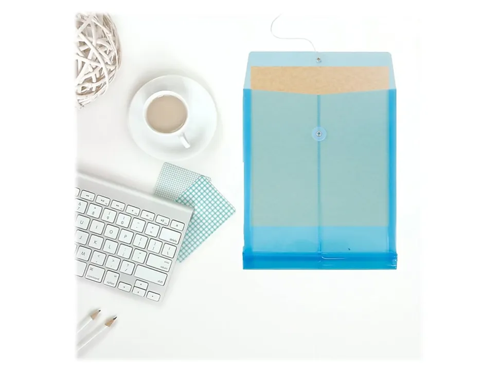 JAM Paper® Open-End Plastic Envelopes, Letter-Size, 9 3/4" x 11 3/4", Button & String Closure, Blue, Pack Of 12