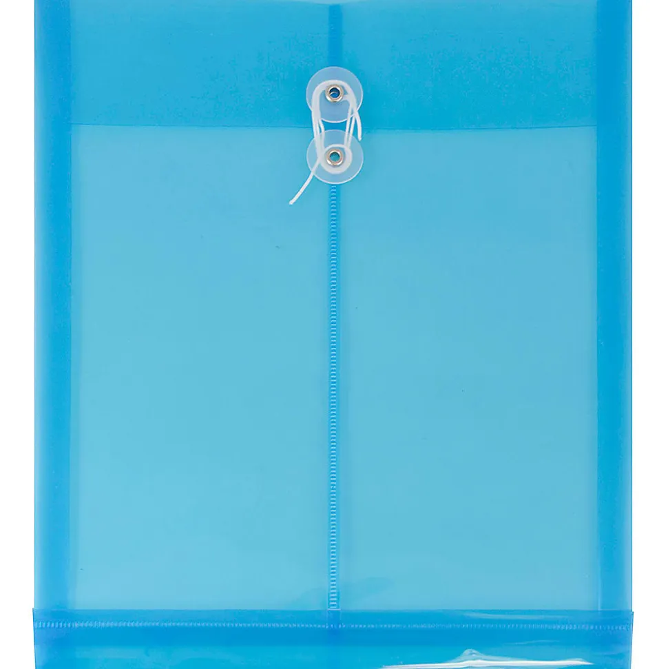 JAM Paper® Open-End Plastic Envelopes, Letter-Size, 9 3/4" x 11 3/4", Button & String Closure, Blue, Pack Of 12