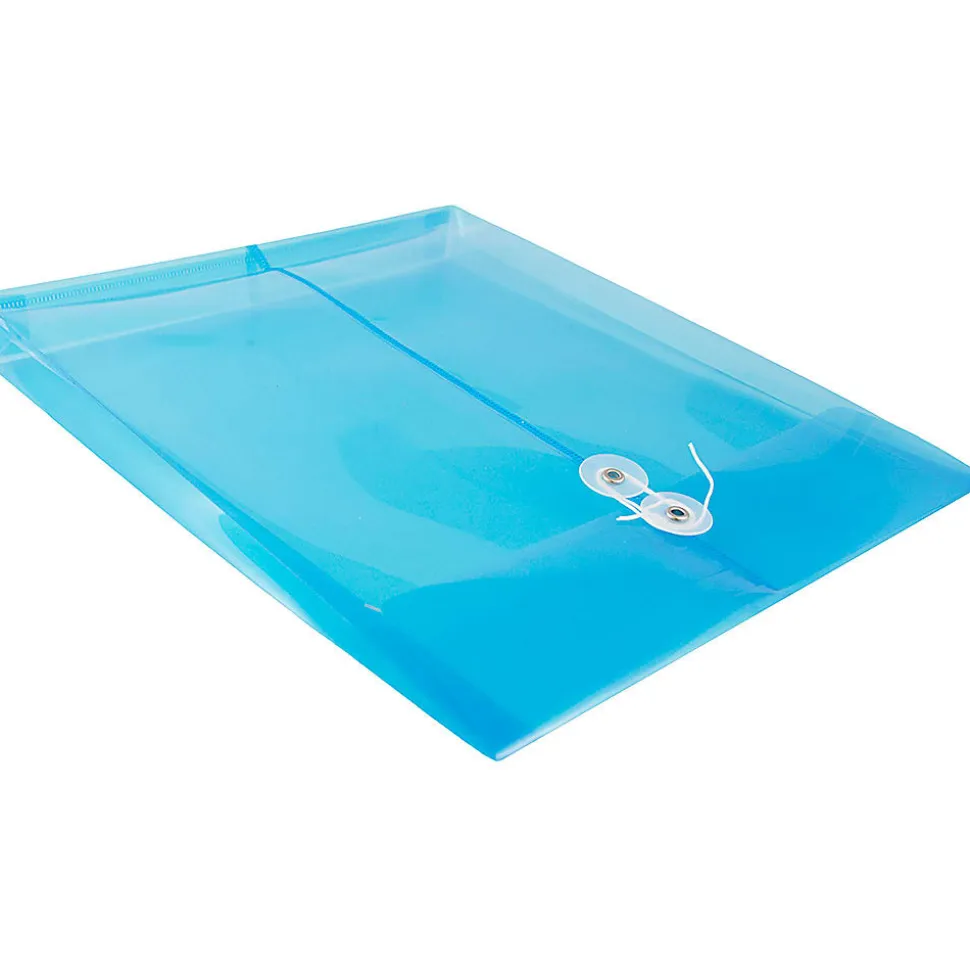 JAM Paper® Open-End Plastic Envelopes, Letter-Size, 9 3/4" x 11 3/4", Button & String Closure, Blue, Pack Of 12