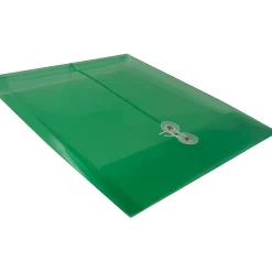 JAM Paper® Open-End Plastic Envelopes, Letter-Size, 9 3/4" x 11 3/4", Button & String Closure, Green, Pack Of 12