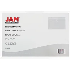 JAM PaperĀ® Plastic Booklet Envelopes, Legal-Size, 9 3/4" x 14 1/2", Button & String, Clear, Pack Of 12
