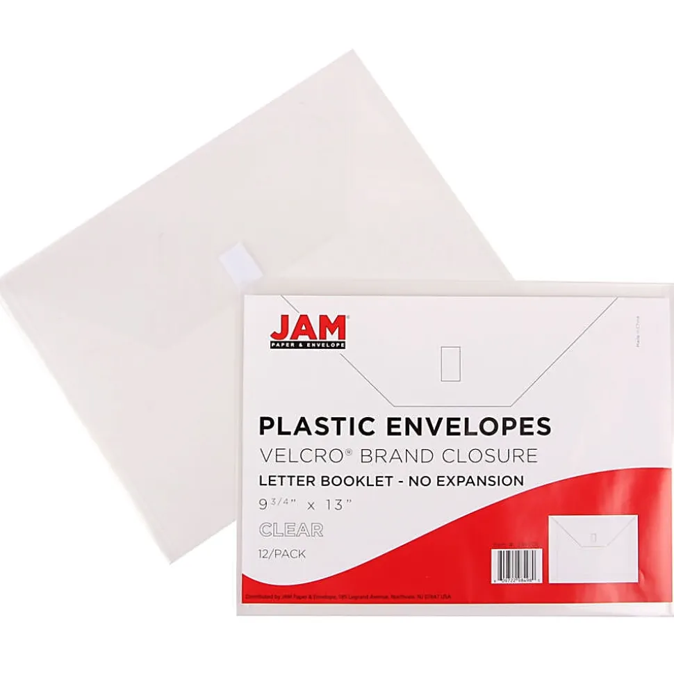 JAM Paper® Plastic Booklet Envelopes, Letter-Size, 9 3/4" x 13", Hook & Loop Closure, Clear, Pack Of 12