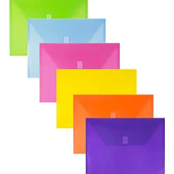 JAM PaperĀ® Plastic Envelopes, 9-3/4" x 13", Hook & Loop Closure, No Expansion, Assorted Colors, Pack Of 6 Envelopes
