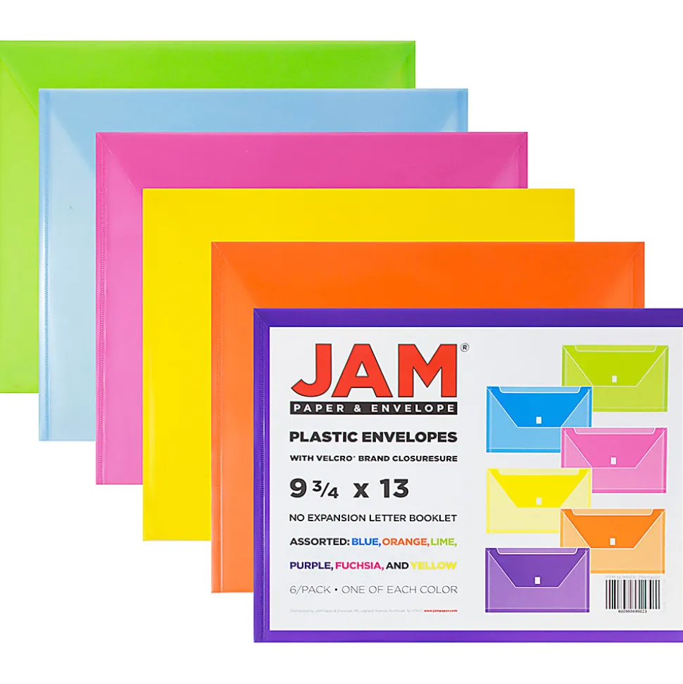 JAM Paper® Plastic Envelopes, 9-3/4" x 13", Hook & Loop Closure, No Expansion, Assorted Colors, Pack Of 6 Envelopes