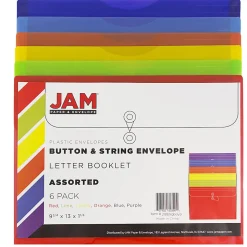 JAM PaperĀ® Plastic Letter Booklet Envelopes, 9-3/4" x 13", Button & String Closure, Assorted Colors, Pack Of 6 Envelopes
