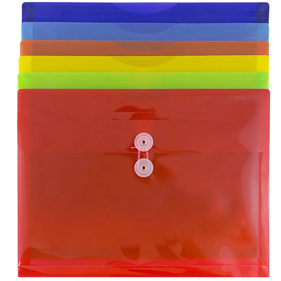 JAM Paper® Plastic Letter Booklet Envelopes, 9-3/4" x 13", Button & String Closure, Assorted Colors, Pack Of 6 Envelopes