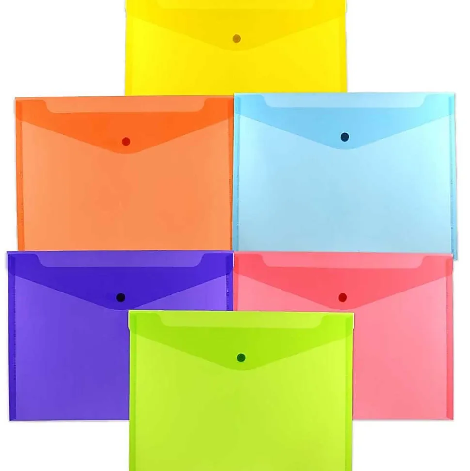 JAM Paper® Plastic Letter Booklet Envelopes, 9-3/4" x 13", Snap Closures, Assorted Colors, Pack Of 6 Envelopes