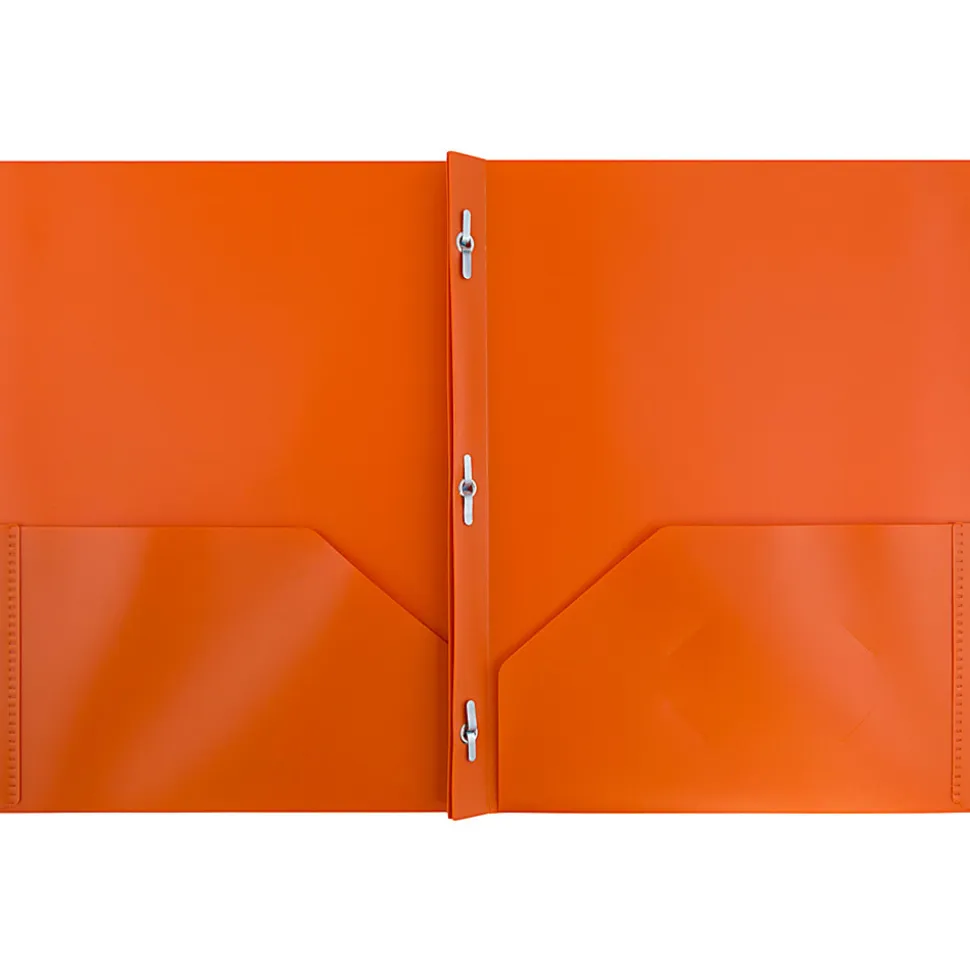 JAM Paper® Plastic 2-Pocket POP Folders with Metal Prongs Fastener Clasps, 9 1/2" x 11 1/2", Orange, Pack Of 6