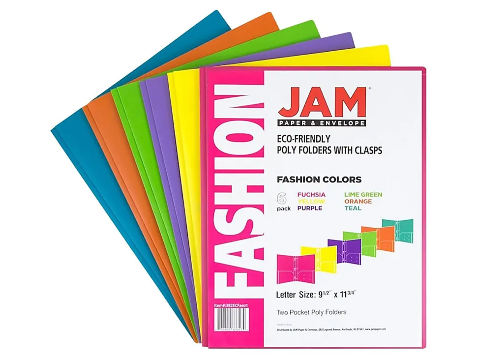 JAM Paper® Plastic 2-Pocket POP Folders With Prongs, Letter Size, 9-1/2" x 11-1/2", Assorted Fashion Colors, Pack Of 6 Folders