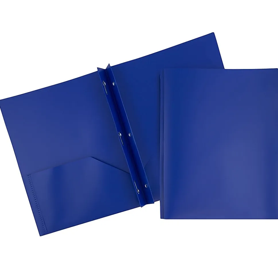 JAM Paper® Plastic 2-Pocket POP Folders with Metal Prongs Fastener Clasps, 9 1/2" x 11 1/2", Deep Blue, Pack Of 6
