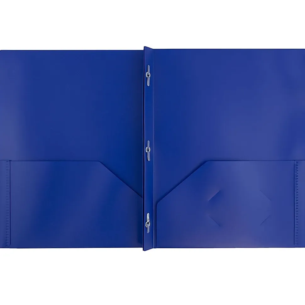 JAM Paper® Plastic 2-Pocket POP Folders with Metal Prongs Fastener Clasps, 9 1/2" x 11 1/2", Deep Blue, Pack Of 6