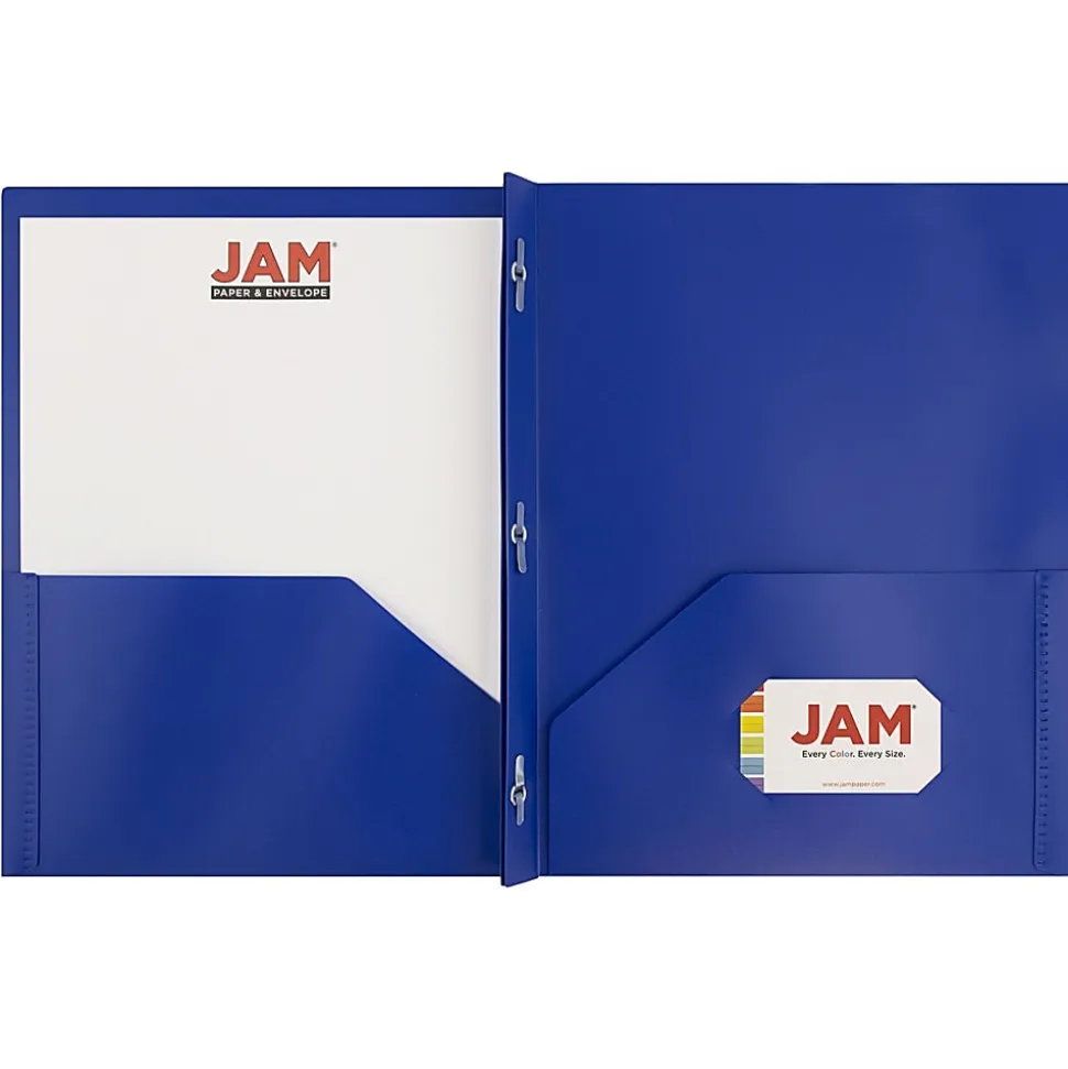 JAM Paper® Plastic 2-Pocket POP Folders with Metal Prongs Fastener Clasps, 9 1/2" x 11 1/2", Deep Blue, Pack Of 6