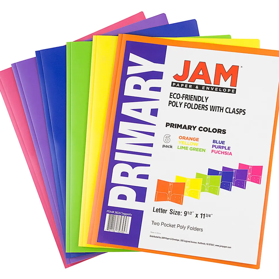 JAM Paper® Plastic 2-Pocket POP Folders With Prongs, Letter Size, 9-1/2" x 11-1/2", Assorted Primary Colors, Pack Of 6 Folders