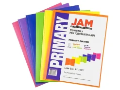 JAM Paper® Plastic 2-Pocket POP Folders With Prongs, Letter Size, 9-1/2" x 11-1/2", Assorted Primary Colors, Pack Of 6 Folders